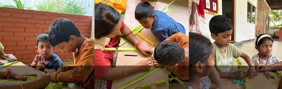 Children doing craft activities with palm leaves at Adra