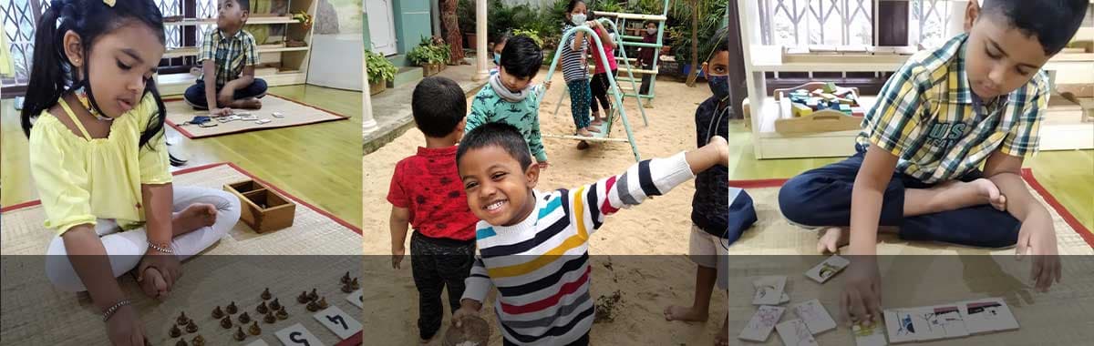 Children working with Montessori materials at Adra